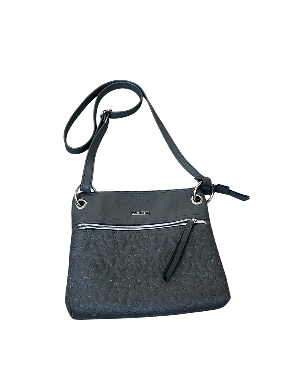 Rossetti Gray Faux Leather Quilted Floral Crossbody Casual Travel Minimalist